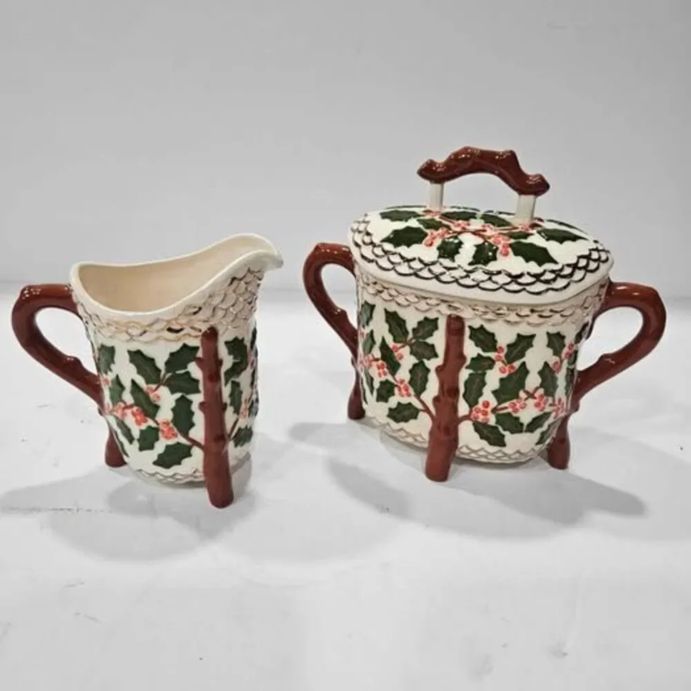 Christmas Holly Creamer and Sugar Bowl Set